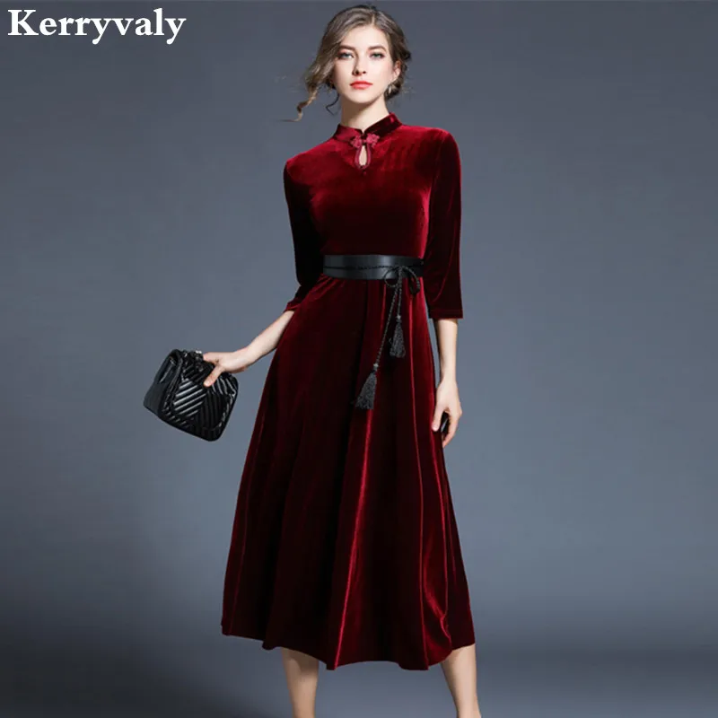 Новогоднее Красное Длинное рождественское платье Ципао vestidos mujer Invierno длинное вечернее бархатное платье Vestido Longo K8704 - Цвет: Красный