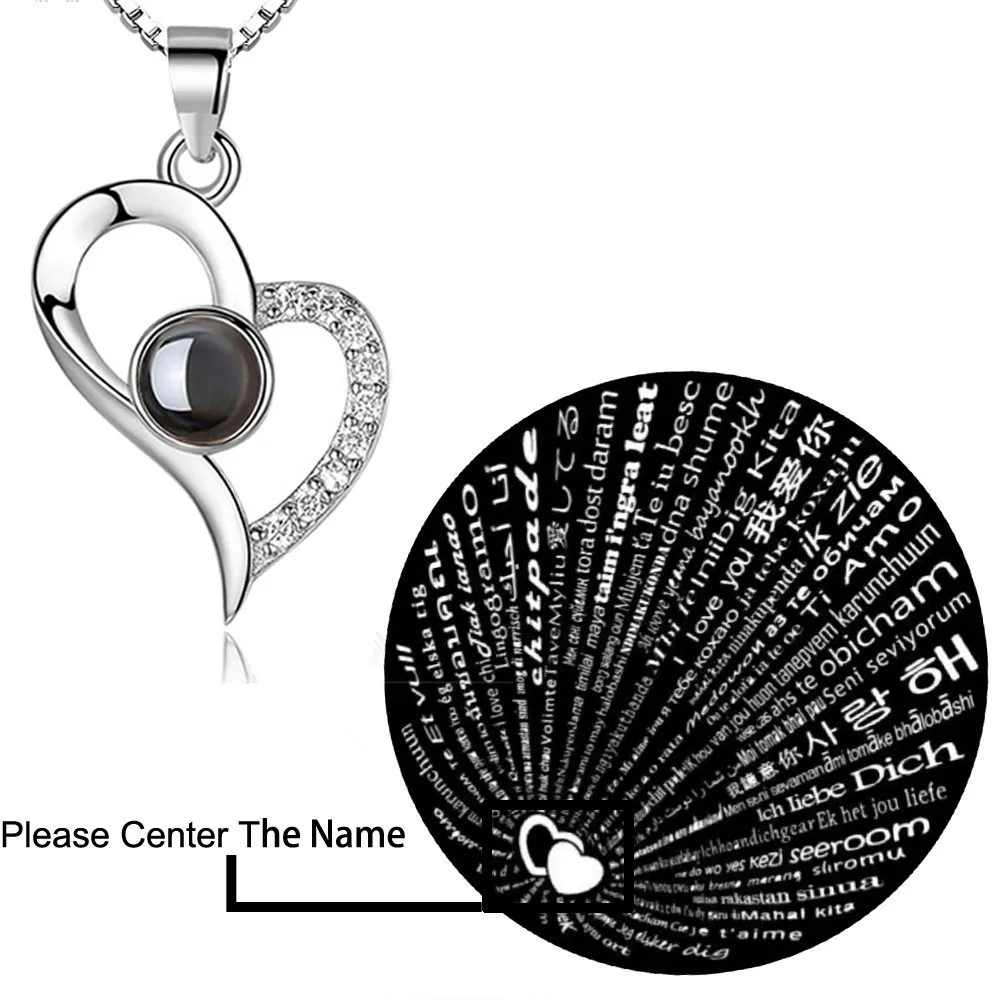Custom letter sliver Подгонянное ожерелье-цепочка из стерлингового серебра 925 пробы с гравировкой фото имя 100 языков я подвеска в форме сердца кулон ожерелье - Окраска металла: Custom letter sliver