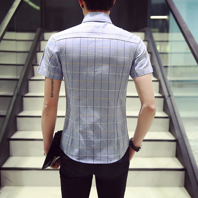 Хлопковая мужская одежда Короткие Рукава Рубашки повседневные Slim Fit мужские