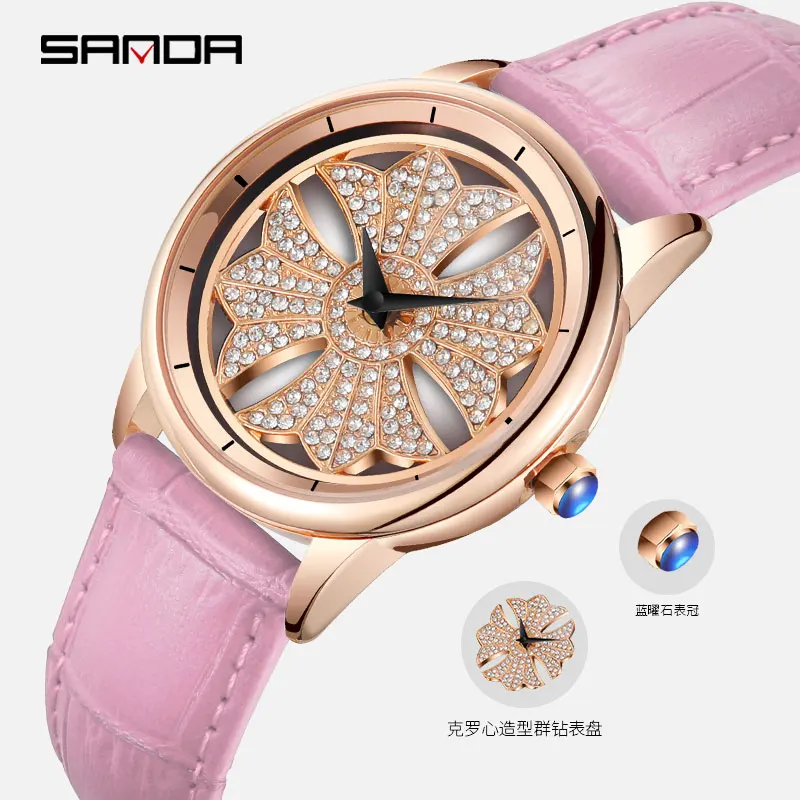 Часы Sanda с кожаным ремешком 2019 круглые Модные женские кварцевые часы не