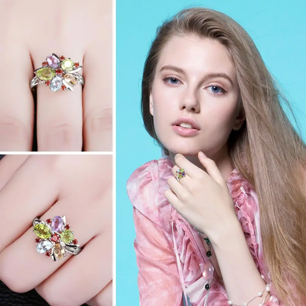 Jewelrypalace Цветок многоцветный 3.1ct Природный аметист гранат перидот цитрин голубой