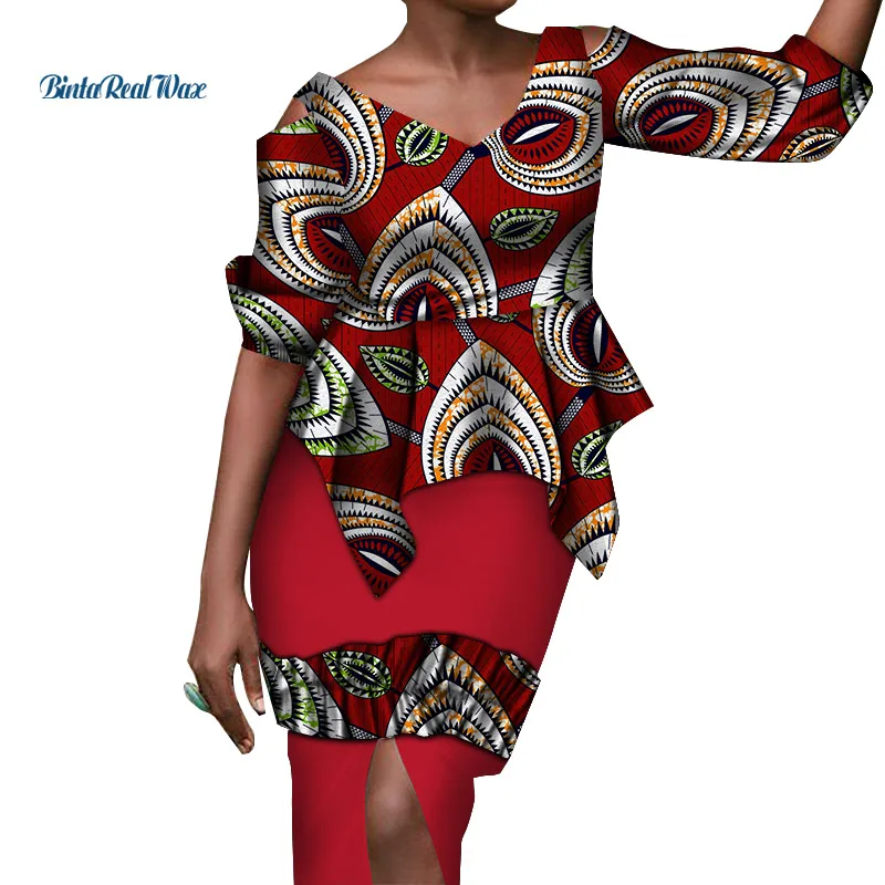 

New African Clothes Women Ruffles Top and Draped Skirt Bazin Riche Dashiki African Ankara Print 2 Pieces Skirt Sets WY3522