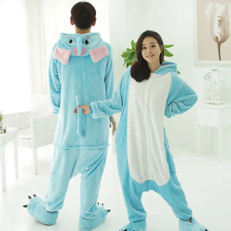2017 унисекс взрослого слона пижамы мультфильм Onesie Симпатичные капюшоном фланель