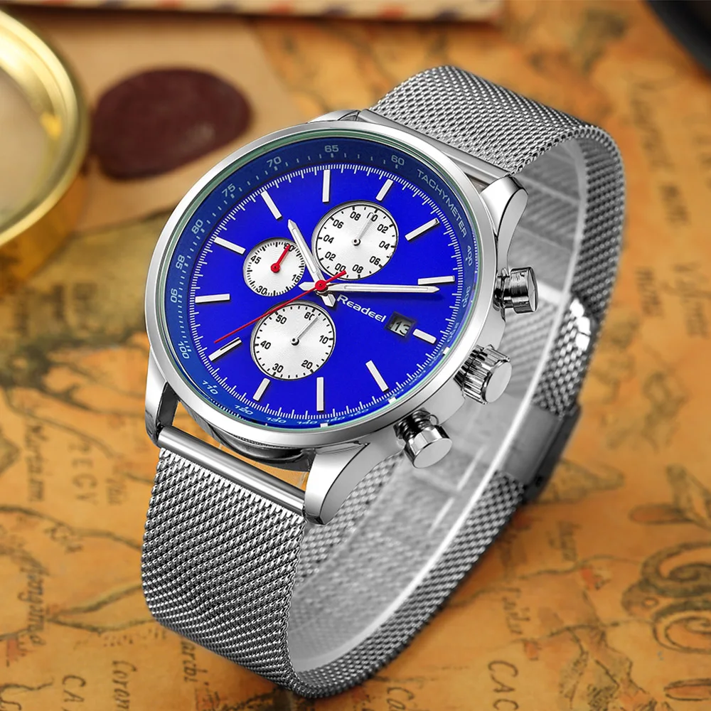 Часы мужские кварцевые с сетчатым браслетом светящиеся хронографом из