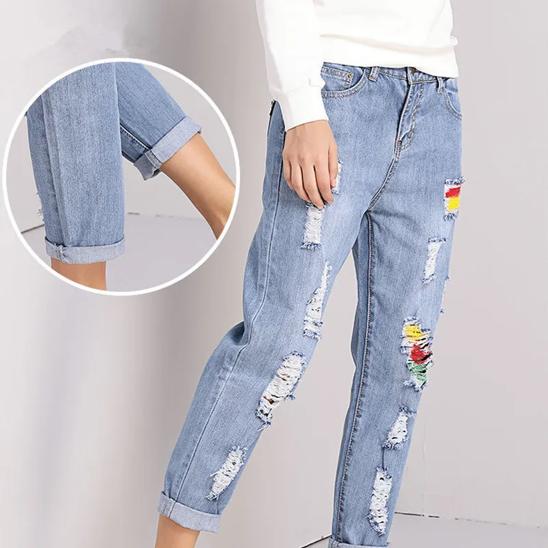 2021 модные весенне-летние джинсы большого размера с дырками женские свободные