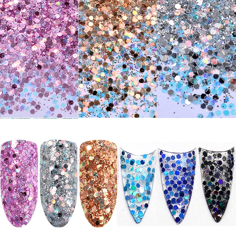 6 шт набор смешанных блестящих ногтей Шестигранная форма порошок для фиолетовый