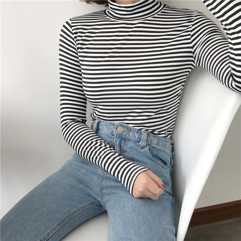 Korean Style Long Sleeve T Shirts 2018 Women New Hot Sale Student T-shirt Womens Fashion Harajuku Striped Female Slim Femme Lady | Женская