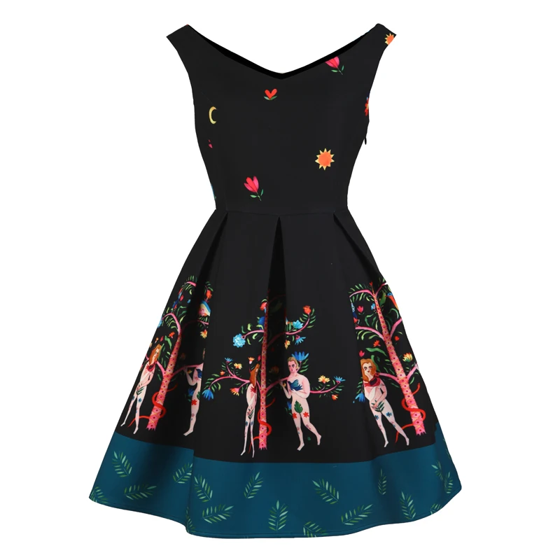Jungle me 2017 New A-Line V neck Pattern Dress High quality Polyester Party Woman clothing | Женская одежда