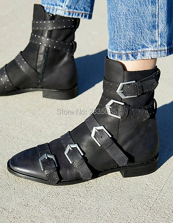 Новинка 2018 г. модная обувь Женские кожа черного цвета серебро пряжки Ботильоны