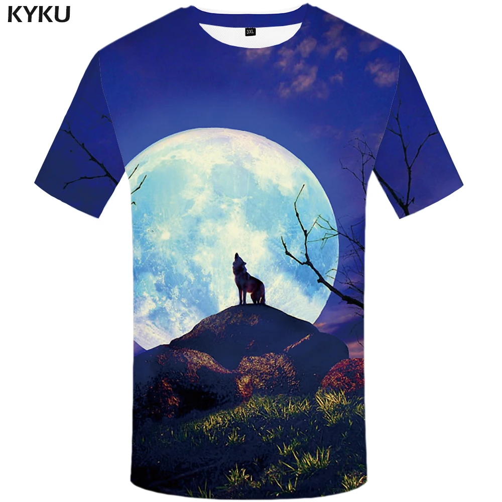 Мужская футболка с рисунком Луны KYKU черная волка лето 2019|wolf t shirt|animal t-shirtt shirt |