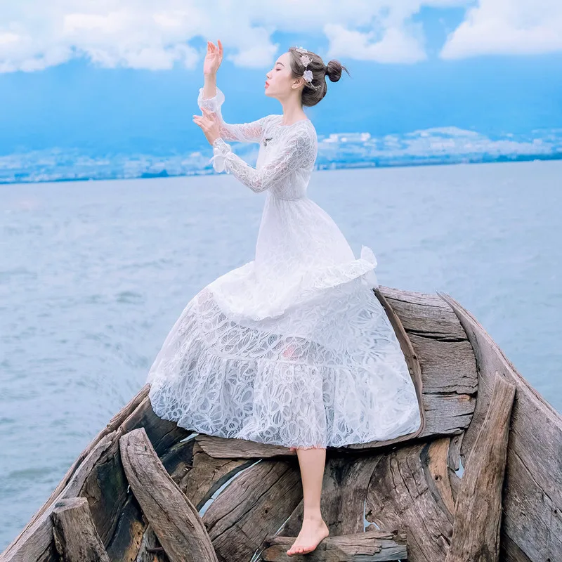 2019 spring Summer Maxi Elegant Lace Embroidery Long Women Dress White Evening Party Tunic Fairy Mid-Calf O-neck Beach | Женская одежда