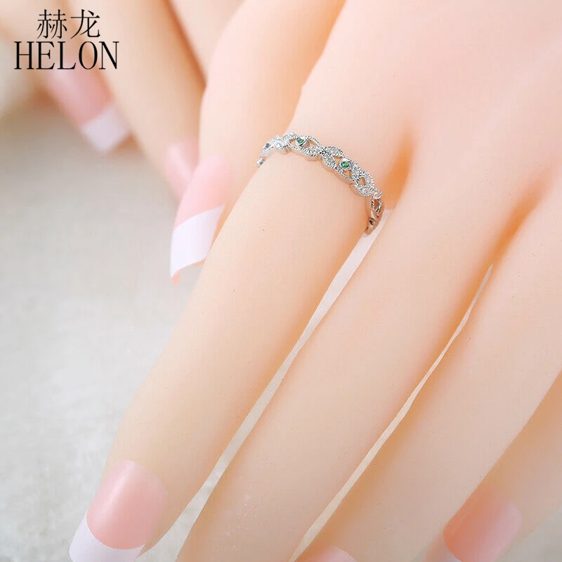 

HELON Solid 14K (AU585) White Gold 0.2CT Natural Diamonds Emerald Fine Wedding Anniversary Band Ring Women Trendy Party Jewelry