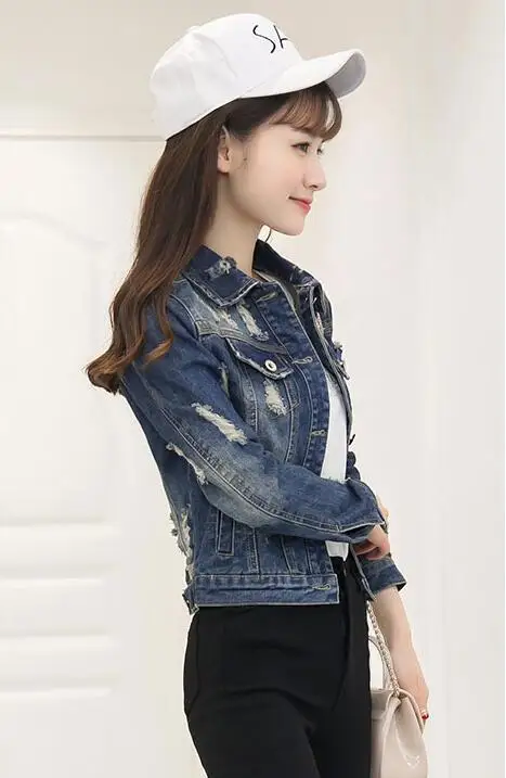 2017 осенние женские куртки Модная Джинсовая куртка с дырками длинными рукавами