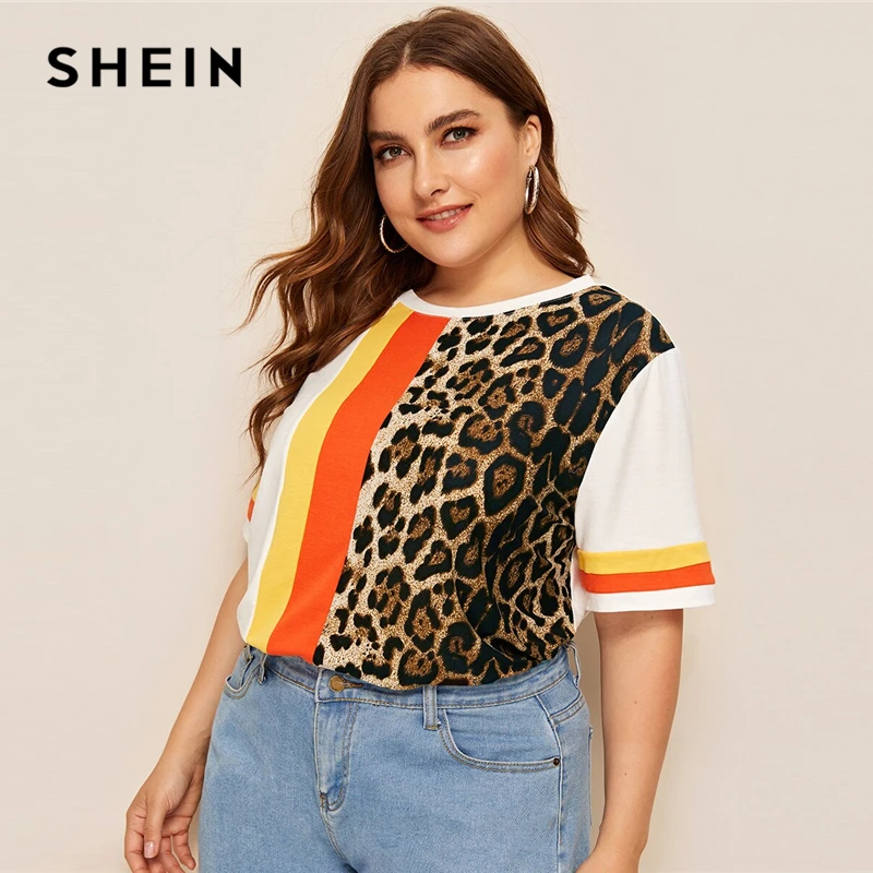 SHEIN, Женский Топ в полоску с леопардовым принтом размера плюс, лето, разноцветная Повседневная футболка с круглым вырезом, уличная футболка