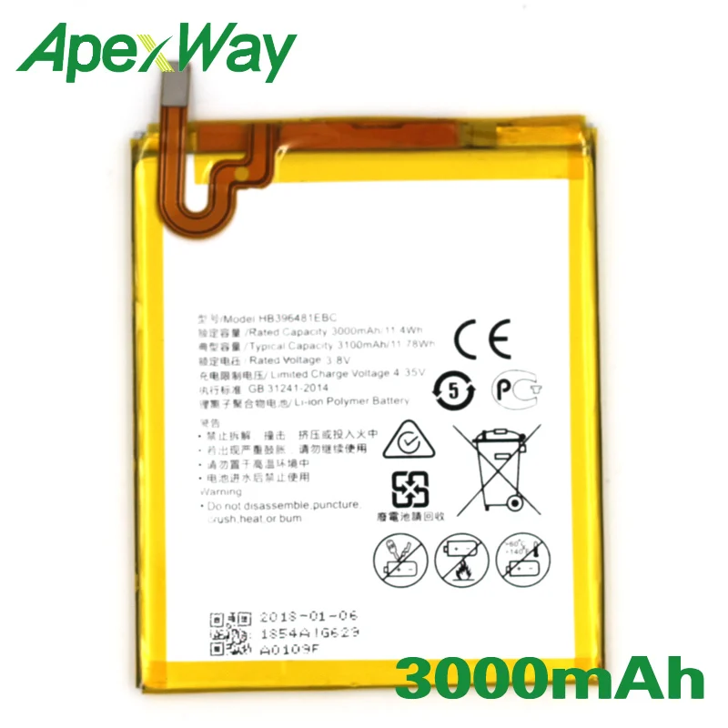 Аккумулятор ApexWay 2 шт./лот HB396481EBC 3000 мАч для телефона Huawei ASCEND G7 PLUS HONOR 5X G8 G8X RIO L03