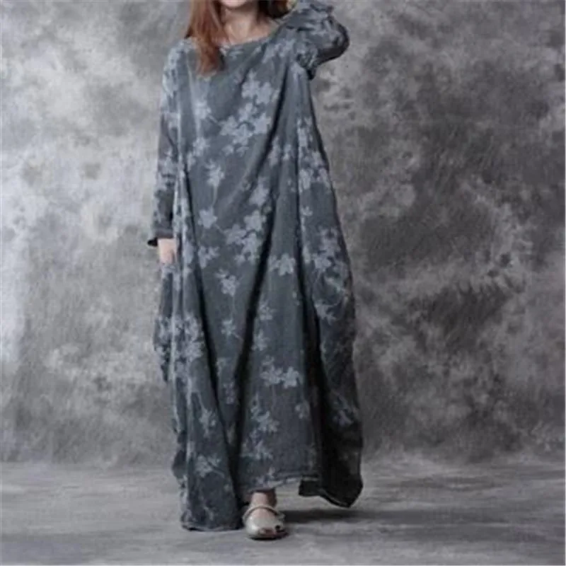 BUYKUD женское Свободное длинное платье с вышивкой хлопковое льняное круглым