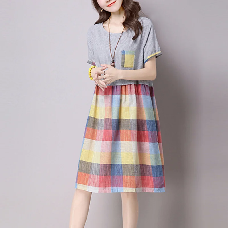 Zomerjurk dames, летнее платье с коротким рукавом, женское клетчатое лоскутное платье, свободные рубашки, плюс размер, хлопковые льняные платья - Цвет: Розовый