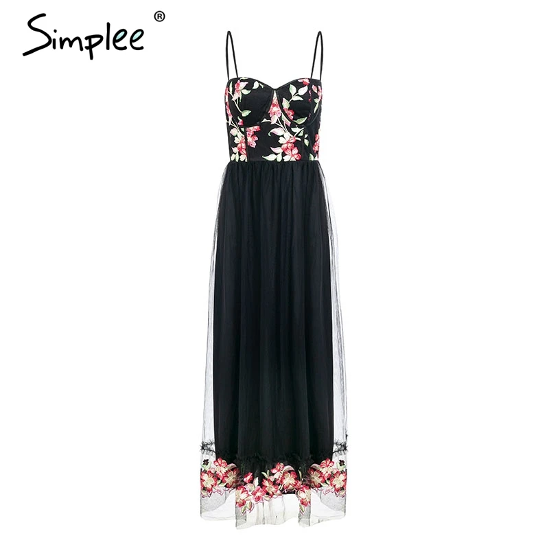 Simplee ремень Цветочная вышивка сетка черное платье для женщин размера плюс с