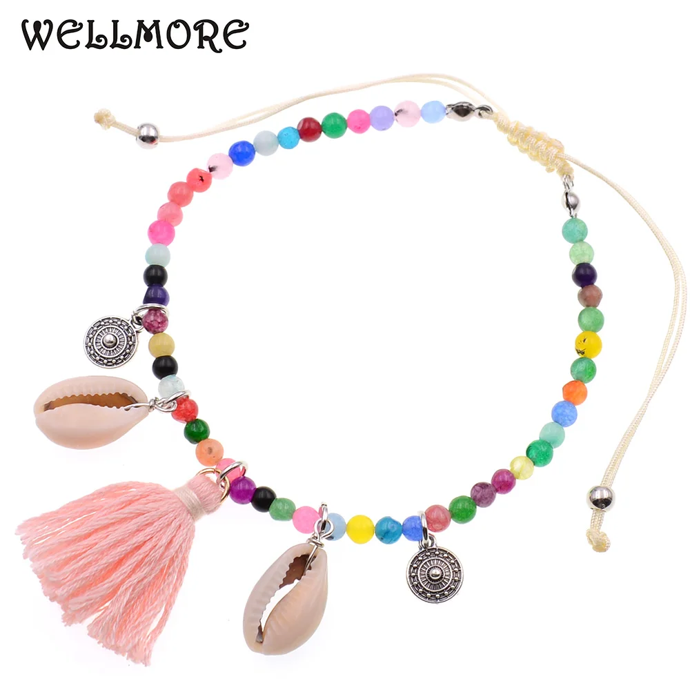 

WELLMORE women anklet BOHO tassels shell Anklets for women natural beads 4MM beach Anklet bracelets summer Foot Party Jewelry