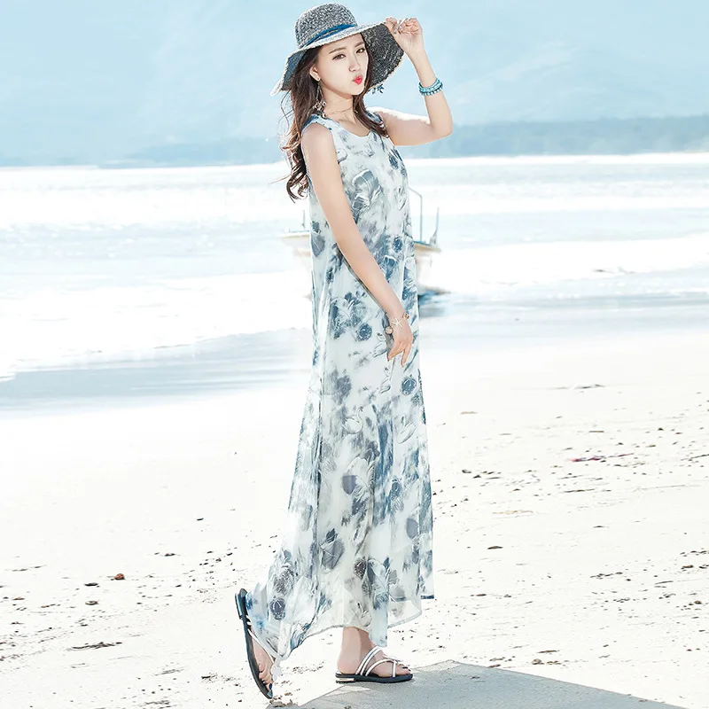 Summer Floral Print Boho Beach Dress Women Long Maxi Sleeveless Party Lace Up Vintage Vestidos S-2XL | Женская одежда