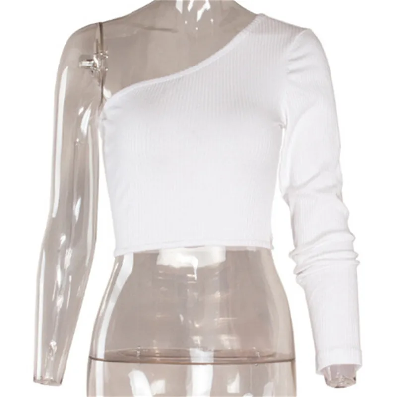 Женский короткий топ с косыми плечиками Топ длинным рукавом однотонный белый и