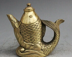 

Antique bronze Pure Copper Brass Marcado Popular China Bronce Lotus Fish Forma Lucky Estatua Wine Tea Pot Flagon