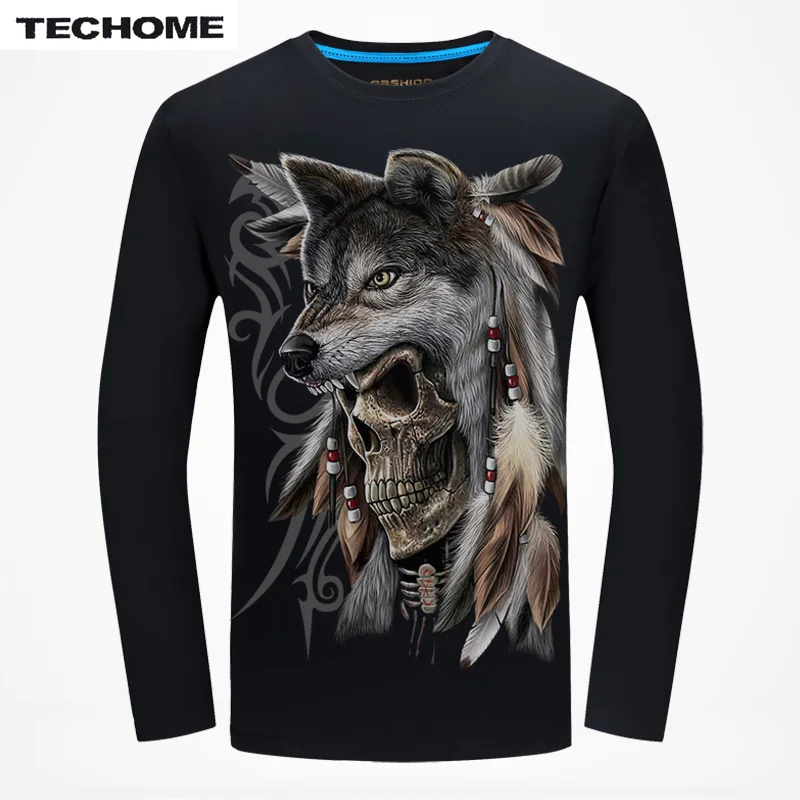 Футболка мужская с длинным рукавом повседневная тенниска рисунком скелета волка