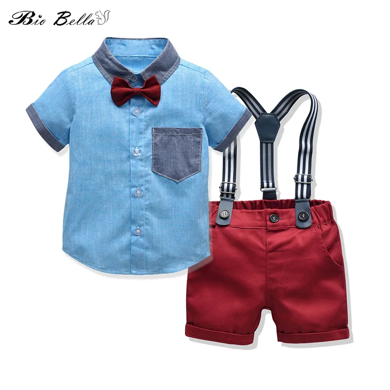 

Baby Boy 2pcs Clothing Set Gentleman Suit Bow Tie Short Sleeve Shirt Suspenders Short Infant Clothes Formal Gentle Kids Clothing