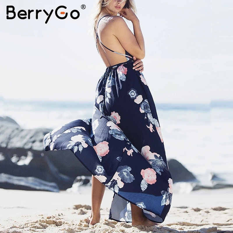 Женское пляжное платье макси BerryGo длинное шифоновое в стиле бохо с глубоким v