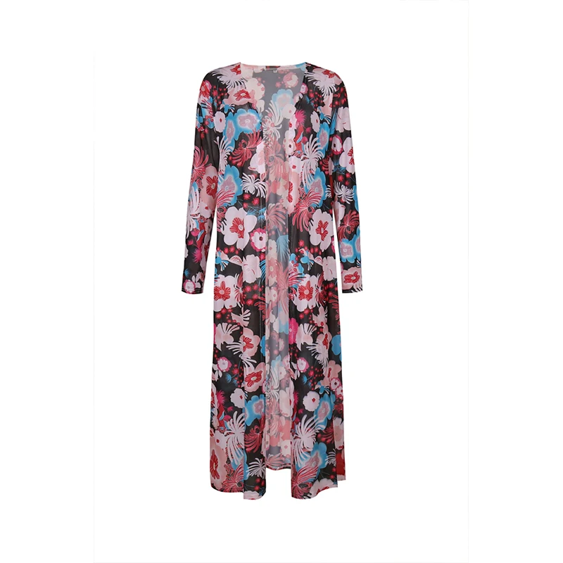 LOHILL 2017 New Womens Floral Print Chiffon Long Maxi Kimono Kaftan Ladies Summer Beach Cardigan |