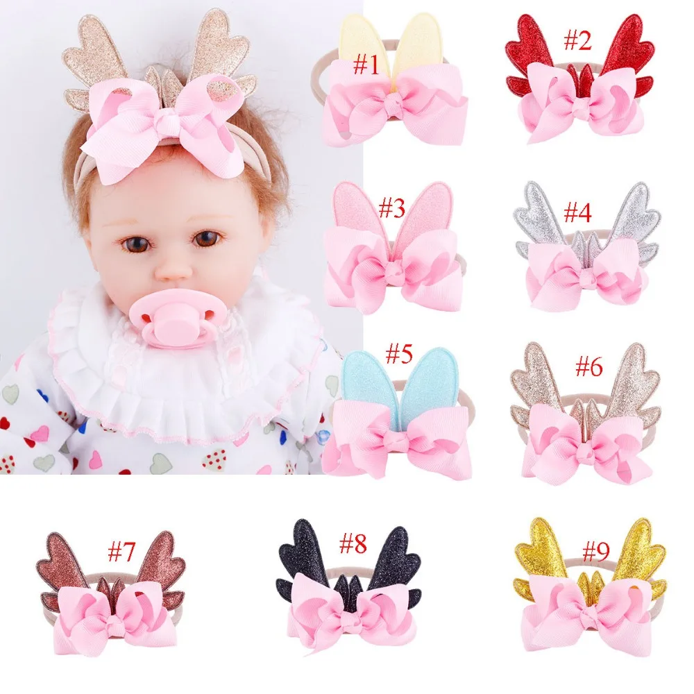 24pcs/lot Girls Handmade Ribbon Bow Headband Glitter Reindeer Antlers Kids Monnie Headbands Hair Accessories | Детская одежда и