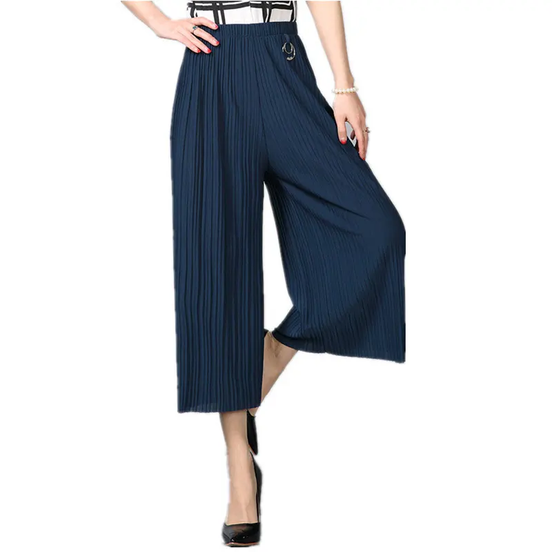 

2017 Women Summer New Style Plain Elastic Waist Pleated Trousers Loose Mid Waist Solid Wide Leg Pants QH0104