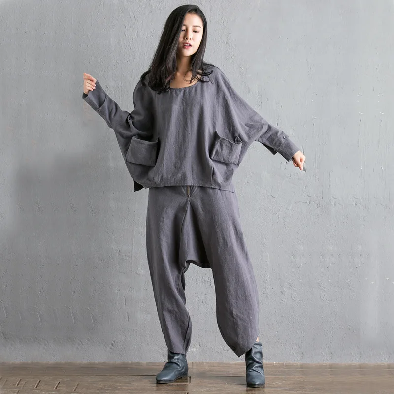Асимметричный новый осенний Женский комплект из 2 предметов винтажный льняной