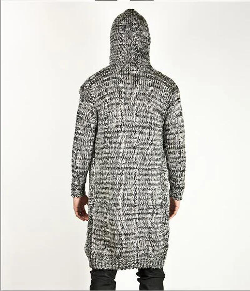Модный мужской теплый свитер вязаный длинный кардиган с капюшоном осенне зимнее