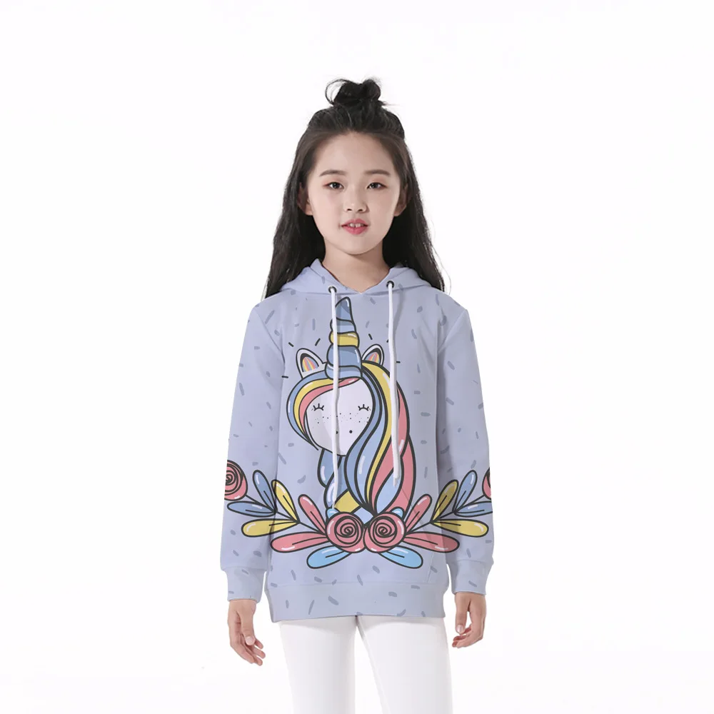 

Girls 4-12 Y Spring Autumn Hooded Long Sleeve 3D Digital Print Smiling Unicorn Pattern Hoodies Casual Loose Fit Girls Hoodies