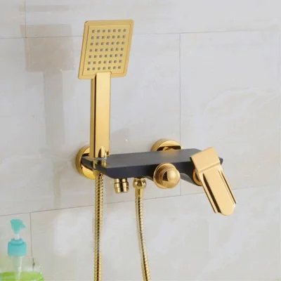 Wall Mounted Chrome Brass Gold Plate Bathroom Shower Faucet Set Bath Mixer Tap With W/ ABS Hand Head | Обустройство дома