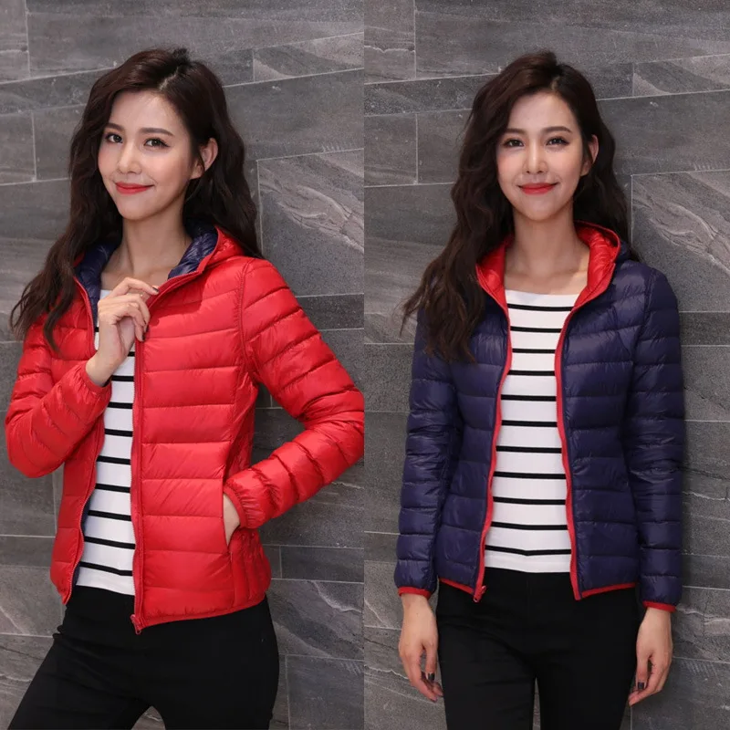 

Women White Duck Down Coats Double Wear Light Ultralight Parkas Female Jacket Ladies Wadded Coat Reversible Overcoat Parka