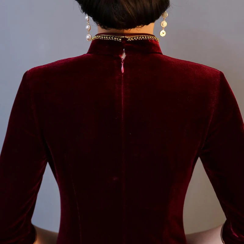 Женское бархатное платье ручной работы расшитые блестками и бисером Ципао