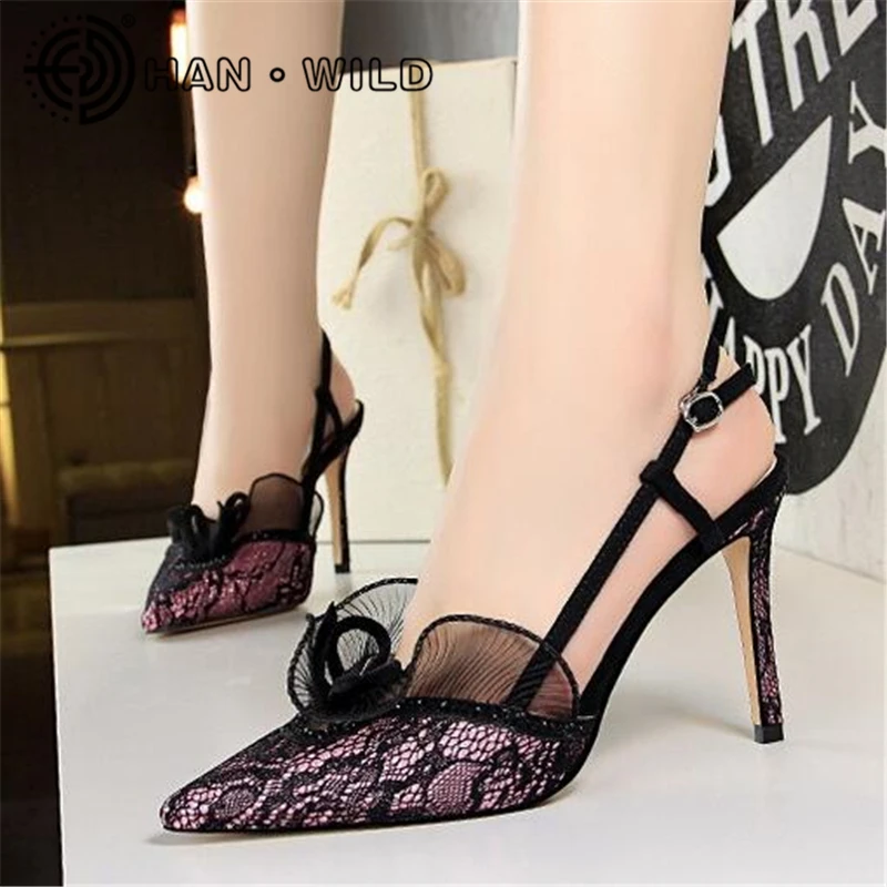 Женские туфли 2019 Эспадрильи на высоком каблуке кружевные свадебные с острым