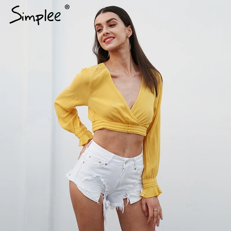 Женский укороченный топ Simplee с открытой спиной, короткий однотонный топ с V-образным вырезом, на пуговицах с рукавом-колоколом, летняя повседневная майка с рюшами, с оборками, черного и желтого цветов