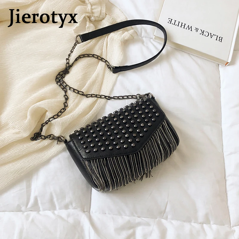 JIEROTYX Модные кисточкой бриллианты бренд дизайн мини цепь сумка через плечо черные кожаные заклепки женская Bolsa Sac основной