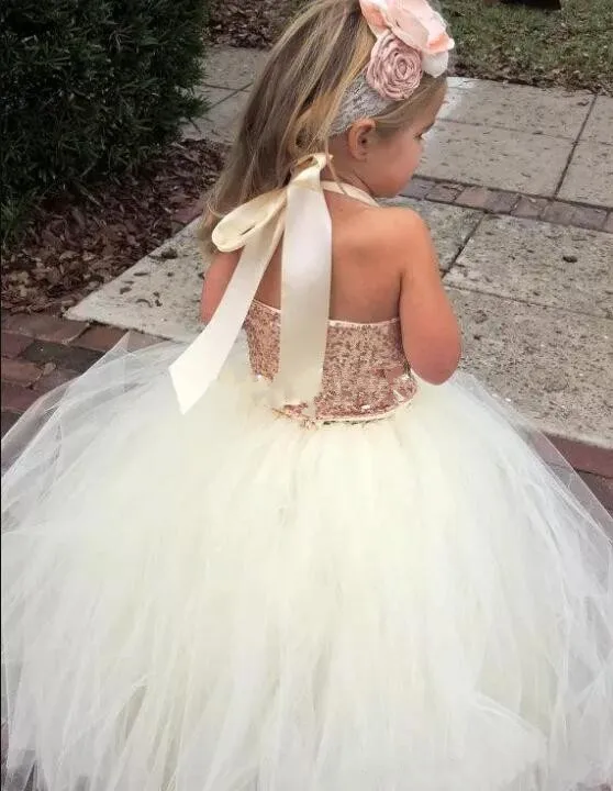 Flower Girl Dresses for Wedding Bling Rose Gold Sequins Ivory Puffy Bottom Ball Gown Girls Pageant Dress Custom Made | Детская одежда и