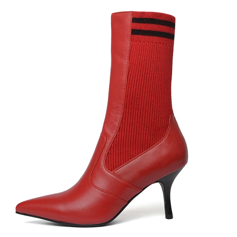 women mid calf boots hot selling autumn warm mixed colors point toe pumps thin high heels 7 cm comfort genuine leather shoes | Обувь