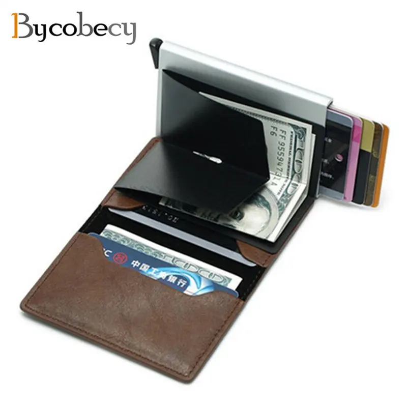 

Мужской противокражный кошелек Bycobecy в деловом стиле, блокирующий Rfid-бумажник, кожаный унисекс, защитная информация, алюминиевый металличес...