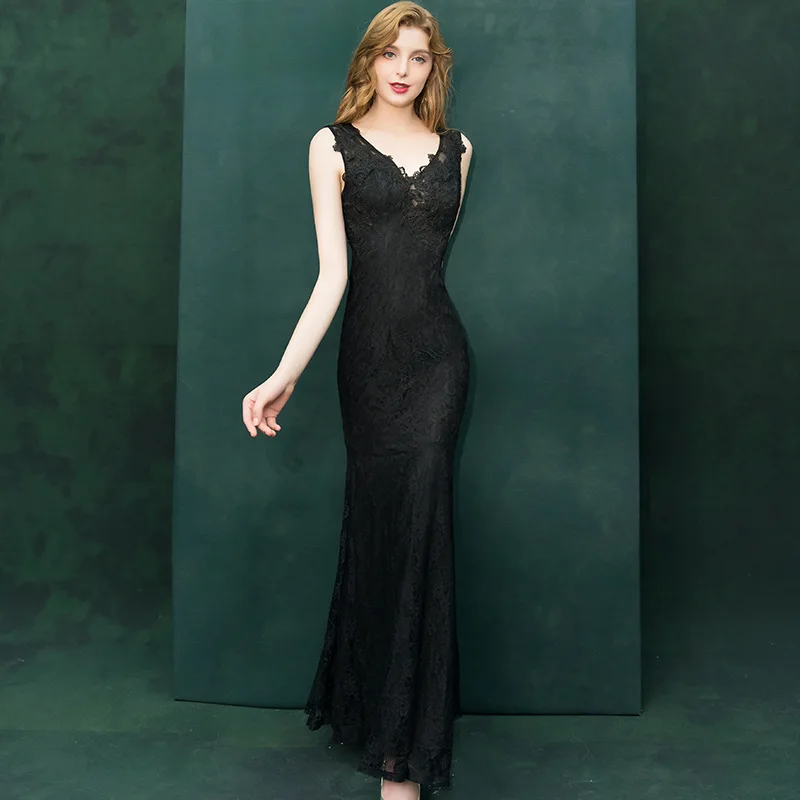 

Simple Black V-neck Appliques Lace Long Vestiods De Festa See Through Back Long Mermaid Formal Evening Dresses 2020 Party Gowns