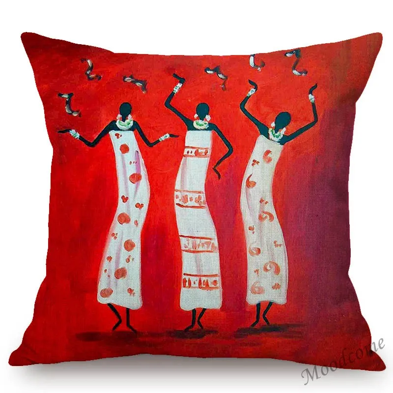 2019 Africa Impression Paintin Antique Red Decoration Throw Pillow Orange African Life Dancing Cartoon Art Linen Cushion Cover | Дом и сад