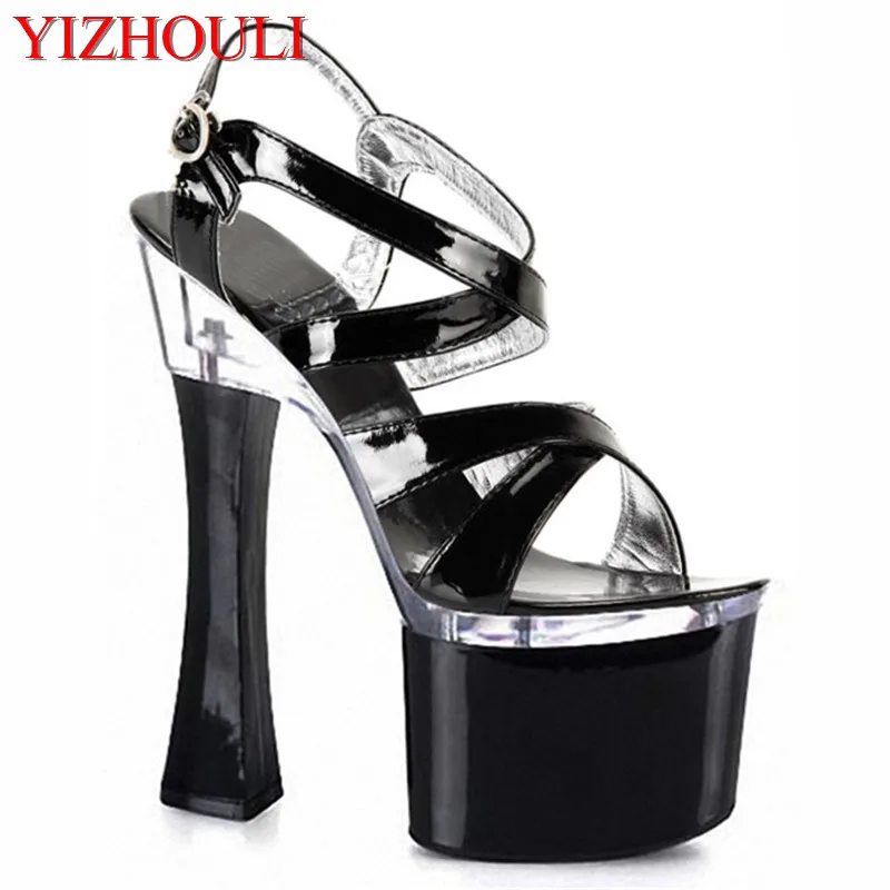 18cm High Heel Sandals Sexy Bridal Shoes Crystal Model Shoes Gladiator With Ankle Strap Pole Dancing Shoes Black/Silver