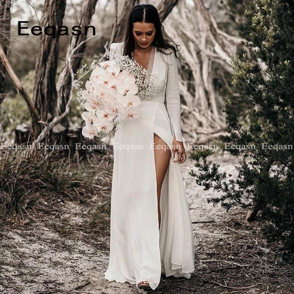 Винтажные Свадебные платья с длинным рукавом v образным вырезом разрезом спереди