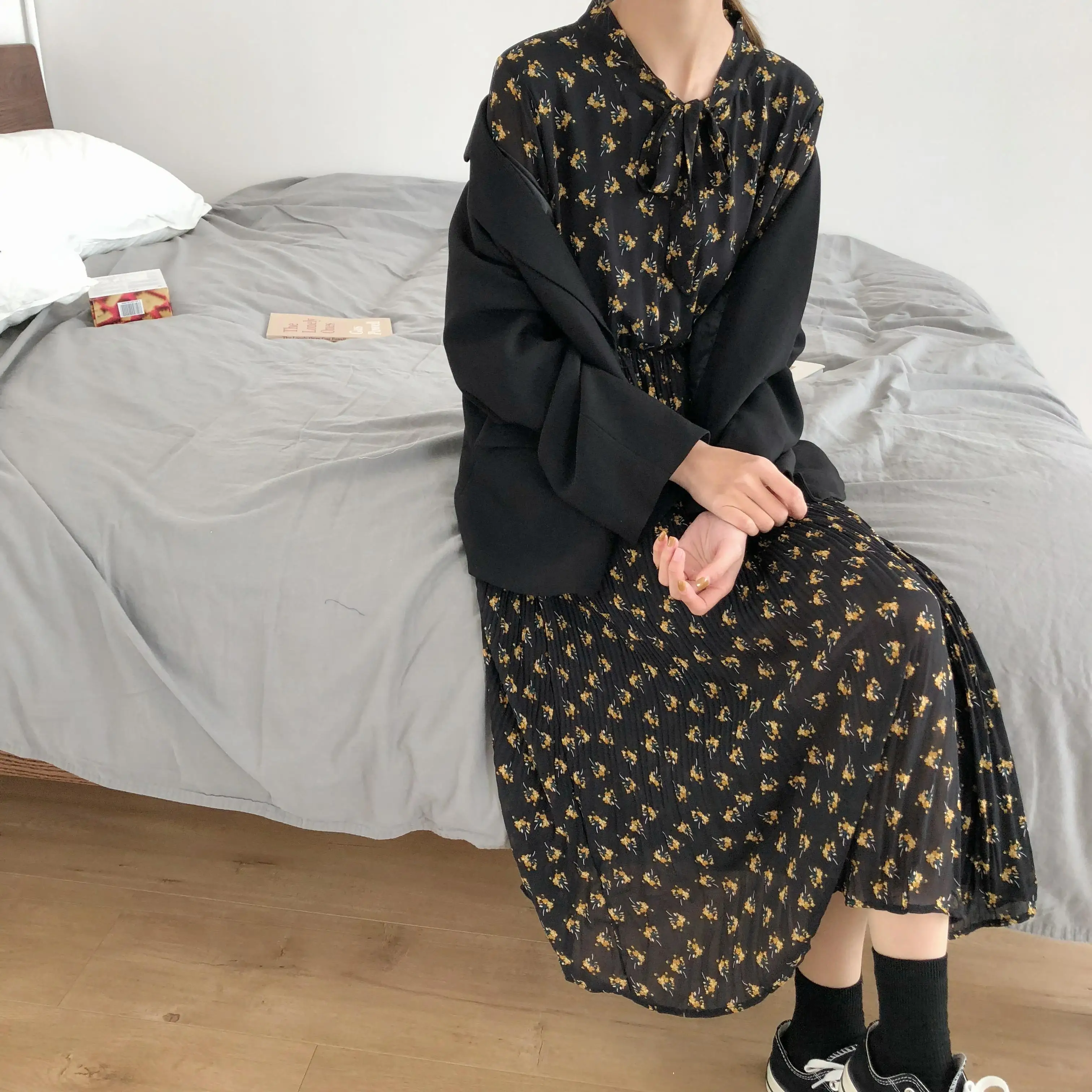 Корейское весенне осеннее женское милое длинное платье Mori Girl розовое шифоновое с
