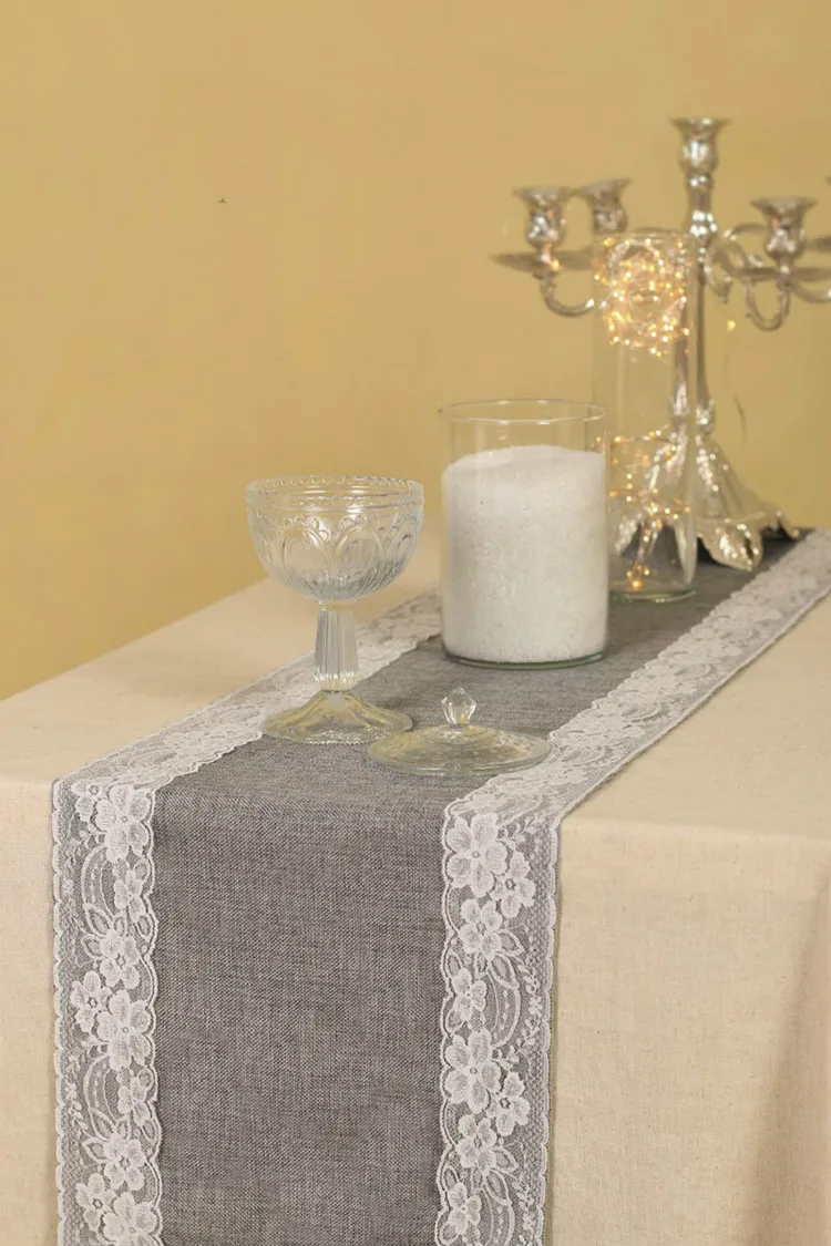 

Grey Burlap Table Runner with Lace Trim for Rustic Chic Fall Wedding Party Home Dinning Table Dresser Decor/Machine Washable